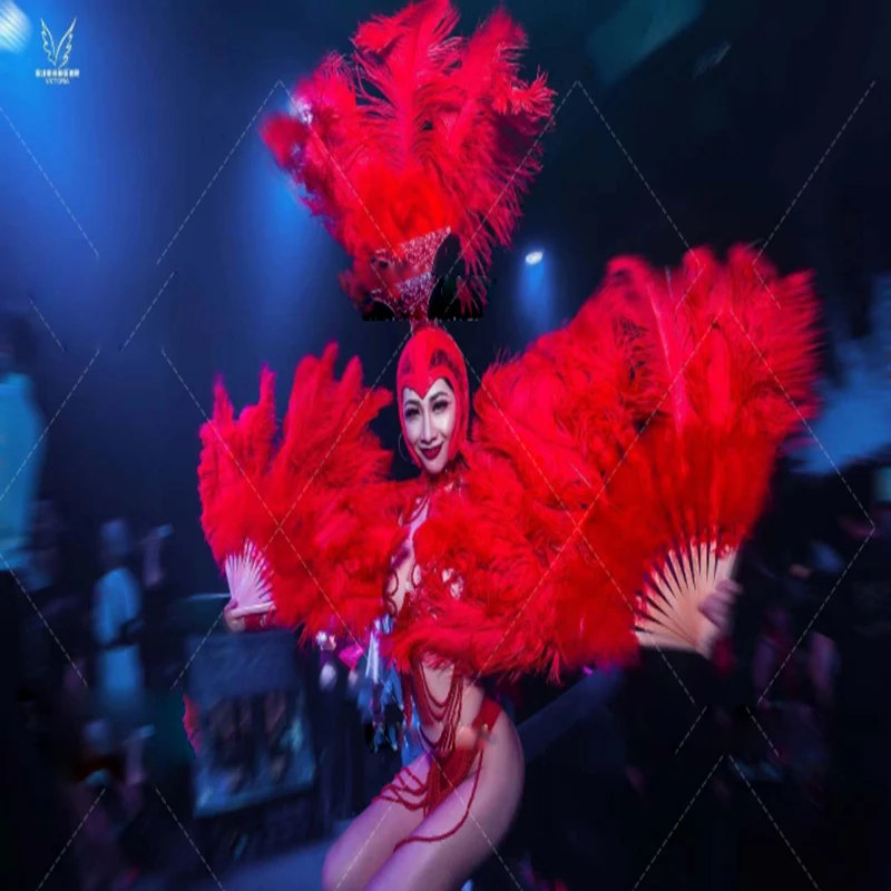 

RED WHITE Stage show Opening party gogo dance team ostrich hair headdress fan pearl suit costume