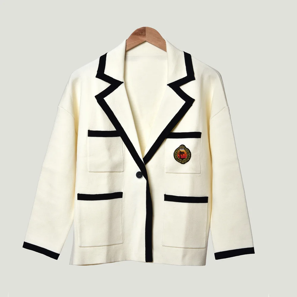 

2020 Spring New Preppy Style Women's Knitted Cardigan Sweater Embroidery Badge Single Button Ladies Suit Jacket Coat Top Female