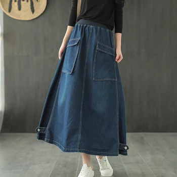 

100% Cotton Denim Midi Long Skirt Elastic Waist Autumn Retro Vintage Fashion Casual Blue AZ22121832