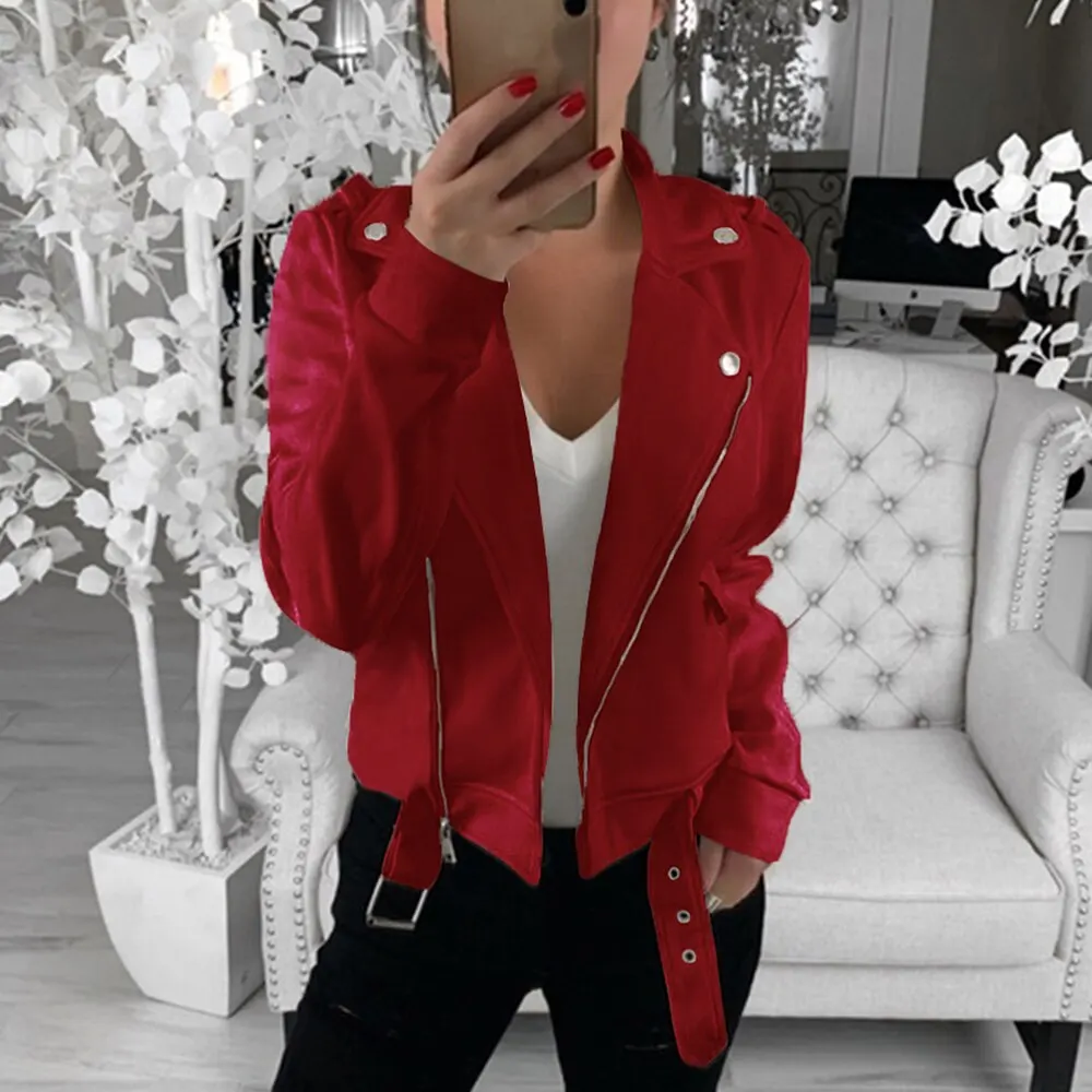 New Women Motercycle Jacket Faux Leather Coat Outwear Streetwear Autumn Zipper With Belt Lapel Chaqueta Mujer Jaqueta