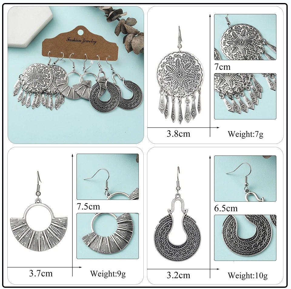 41 Style Silver Rose Gold Color Earrings Ethnic Bohemia Vintage Mixed Styles Long Leaf Big Round Circle Shell Shape Wooden Stones Beads Geometric Bronze Met (3)