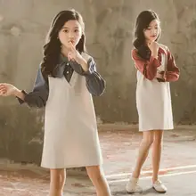 Коллекция года, весенние платья для больших девочек Хлопковое платье с бантом и имитацией двух частей Одежда для детей платье принцессы, одежда для девочек-подростков, 6, 8, 10, 12 лет