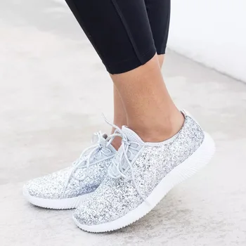 

Vulcanized Ladies Sequined Cloth Women's Lace Up Solid Casual Plus Size Flat Female Breathable Comfortable Footwear Woman