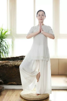

2019 chinese women yoga suit loose trousers tops set tai clothing ladies linen outdoor yoga clothes zen meditation clothing