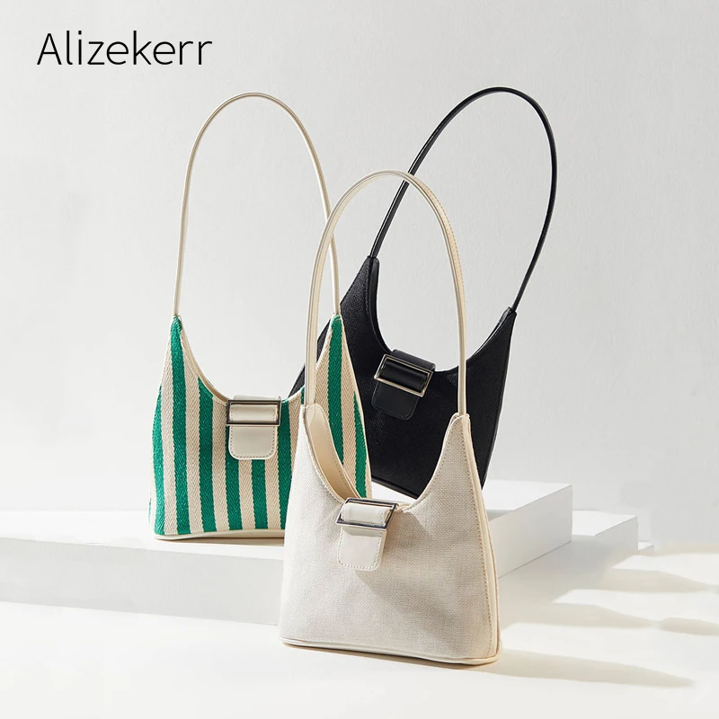 

Simple Canvas Stripes Shoulder Bag 2019 New Summer Fashion Chic Underarm Button Soft Tote Hobos Handbag Ladies Simple Casual