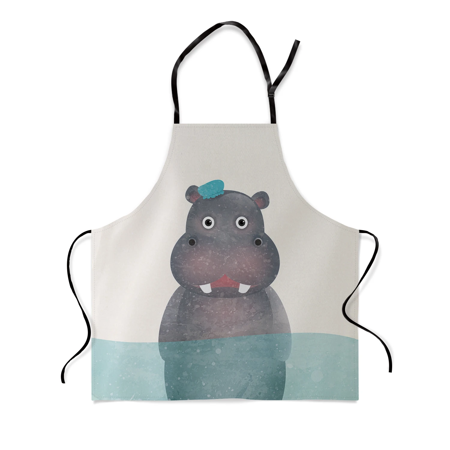 Hippopotamus Bathing Animal Theme Printed Aprons Kitchen Home Canvas Bib Female Adult Kids Cooking Dining