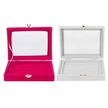 

2 Pcs Velvet Glass Ring Earring Jewelry Display Organizer Box Tray Holder Storage Case, Rose Red & Gray