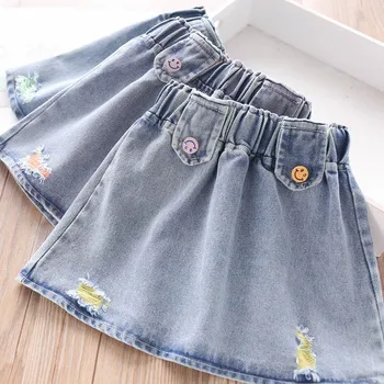

2020 Spring and Summer Girls Smiley Buttons Color with Holes Denim Skirt