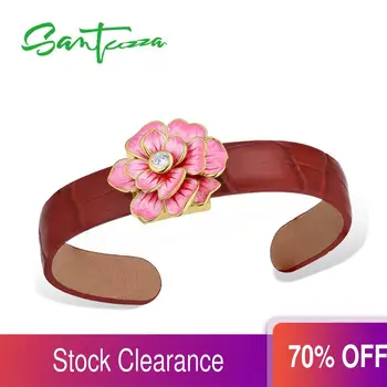 

SANTUZZA Silver Bracelet Bangle for Women 925 Sterling Silver Adjustable Bangle Flower Red Genuine Leather Chic Jewelry Enamel