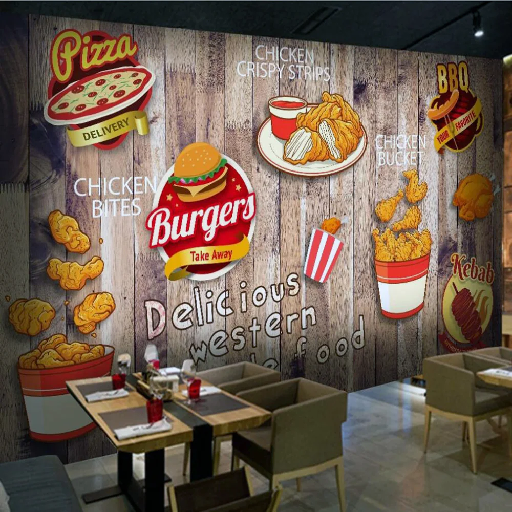 

Drop Shipping Custom 3D Wallpaper Mural Hand Painted Fried Chicken Burger Western Restaurant Mural Decoration Wallpaper Mural