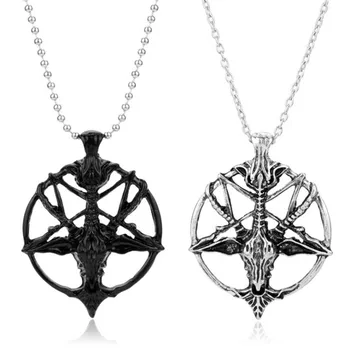 

Fashion Geometric Round Necklace Retro Punk Satan Five-pointed Star Goat Head Skull Men's Necklace Pendant Halloween Gift