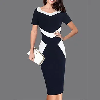 

Vintage Women Patchwork V-Neck Short Sleeve Dress Summer Elegant Slim Work Office Slim Split Pencil Dress 2020 New