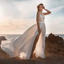 

2021 Scoop Lace Applique Beach Vestido De Noiva See Through Chiffon Boho Bridal Gowns Cheap Elegant Princess Dresses