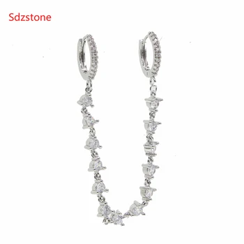 

silver and gold color double mini small Huggie hoop with cz tassel chain earring for 2 piercing fashion women jewelry