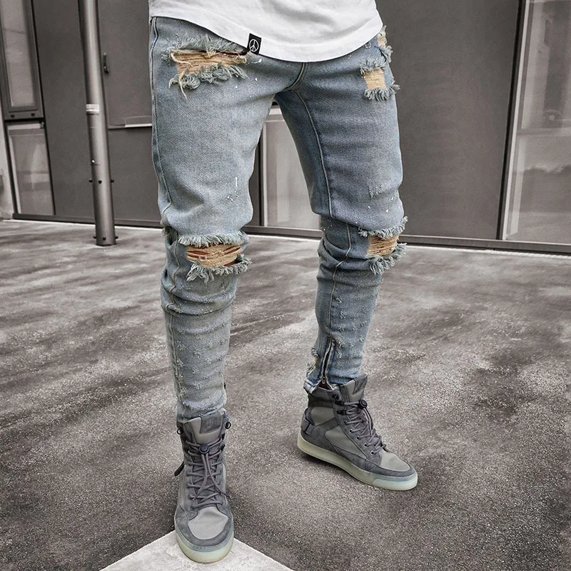 Men's Clothing Pleated Jeans Fashionable Street Style Skinny Trousers Slim Nostalgic Elastic Hollow Pants - Цвет: gray Retro blue