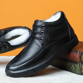 

Winter new style leather fur integrated warm men's toe top layer cowhide wool high-top men's shoes casual plus cashmere shoes.