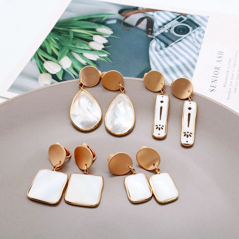 

Free Shipping Square Teardrop Elegant Geometric Shell Clip Earring