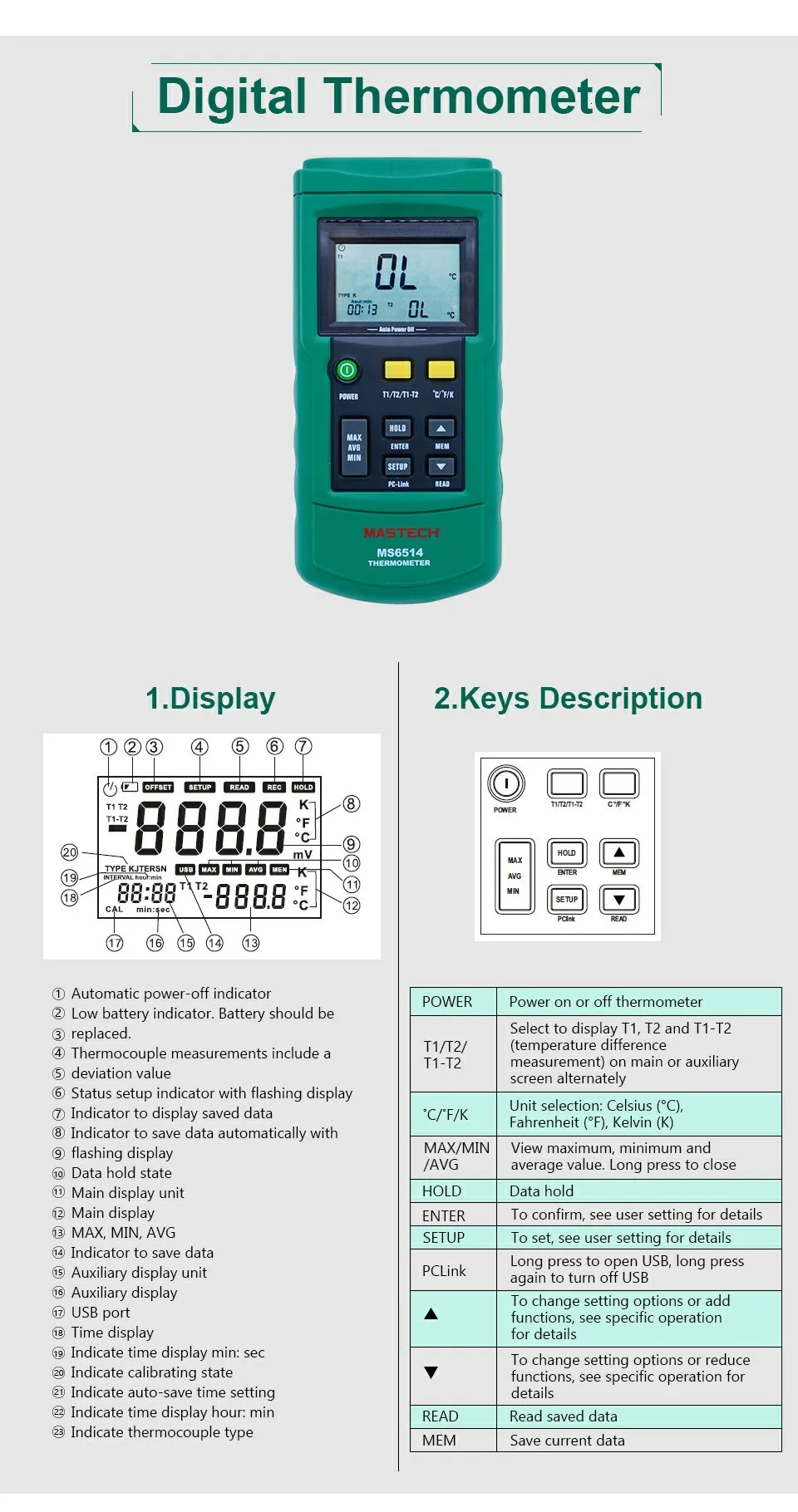 MASTECH MS6514 двухканальный цифровой термометр Регистратор температуры тестер USB интерфейс 1000 набор данных K/J/T/E/R/S/N термопары