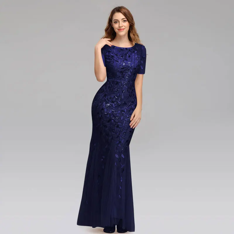 Beauty Emily O Neck Sequins Long Appliques Evening Dresses Short Sleeve Tiered Hems Prom Gowns Pleated Vestido de noche