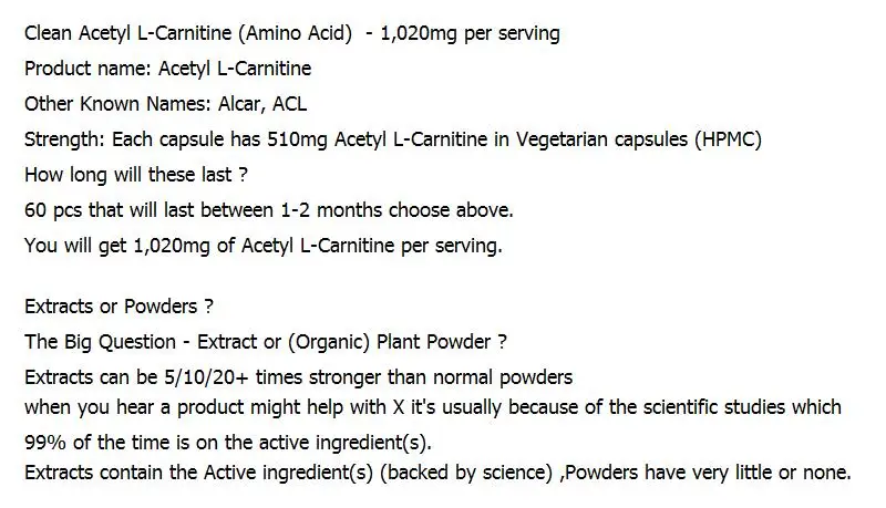 Чистый ацетил l-карнитин ACL 1020 мг Вегетарианская добавка, fa~ t сжигание и помогает восстановиться после занятий спортом