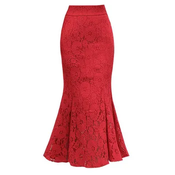 

Plus Size Red Lace Mermaid Skirts Womens 2020 High Waist Mid-Calf Ruffle Work Wear Bodycon Fishtail Trumpet Office Skirt Female