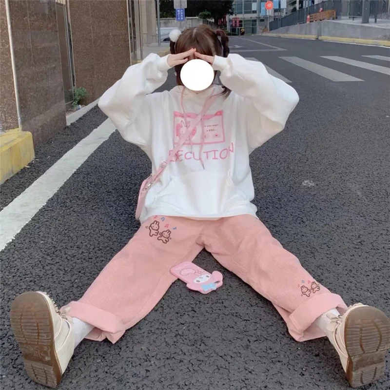 Women\'s Casual Baggy Cartoon Korean Fashion Corduroy Pants Harajuku Streetwear Kawaii Pink High Waist Leg Sweat Trousers Female