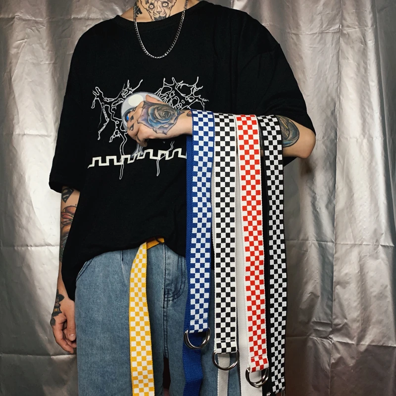 Холщовый шахматный пояс Harajuku клетчатый повседневный черный белый красный синий
