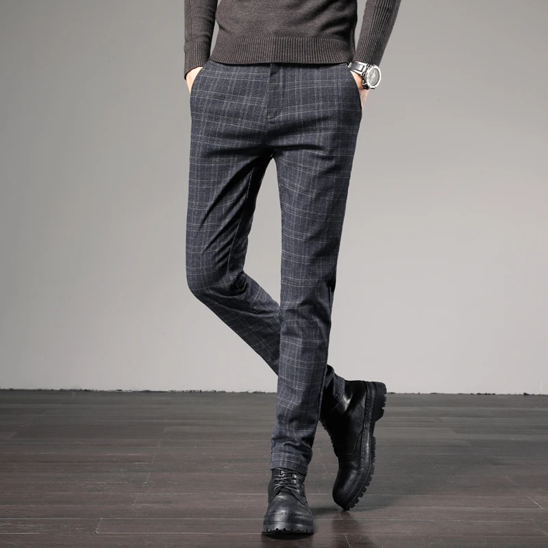Дешевые цены черный серый синий цвет Мужские повседневные Британский Стиль slim fit клетчатые брюки Chino Pants pantalone для мужчин