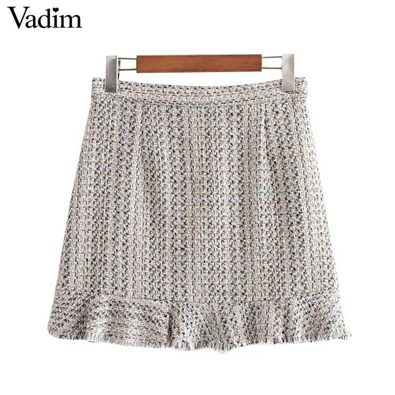 Vadim women chic tweed mini skirt ruffles pearl button decorate irrgular design side zipper vintage female casual skirts BA813