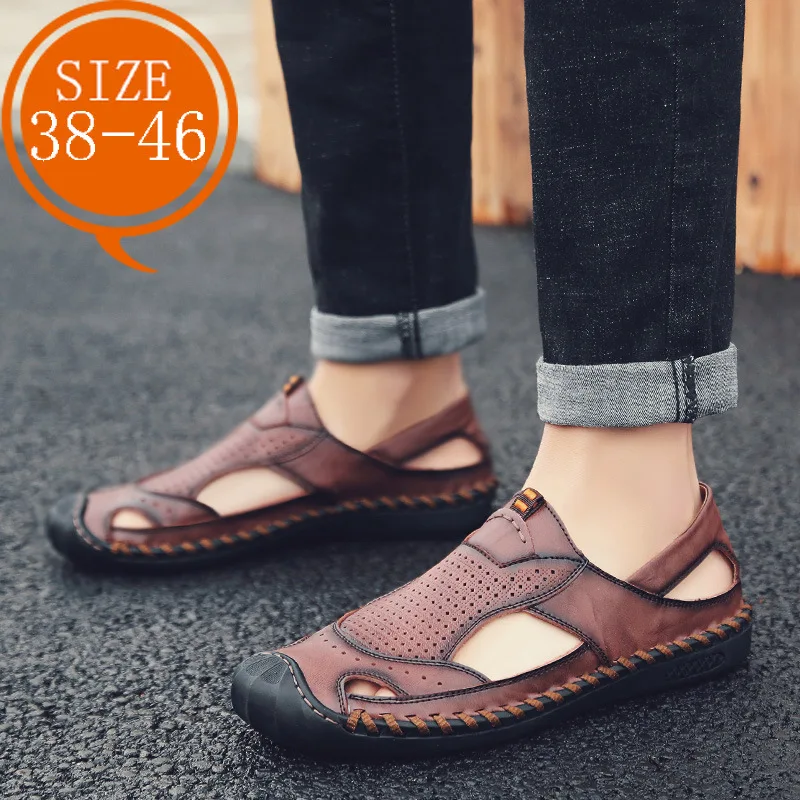 

2019 New Style Sandals Men's Closed-toe Summer Hollow out Genuine Leather Trend Versatile Outdoor Casual Men Soft-Sole Sandals