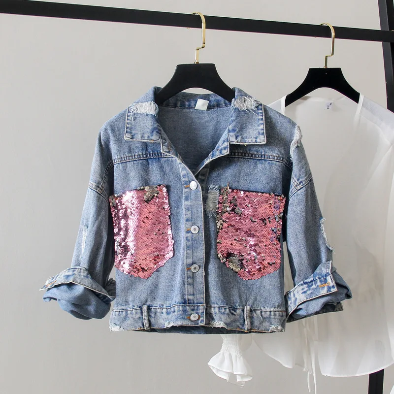 

2019 Autumn Clothing New Style WOMEN'S Dress Large Size Fat Mm 200 Loose-Fit Joint Sequin Pocket Coat Denim Top