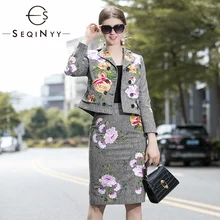 SEQINYY серый комплект осень зима модный дизайн короткая куртка+ оболочка мини юбка вышивка цветы женский костюм