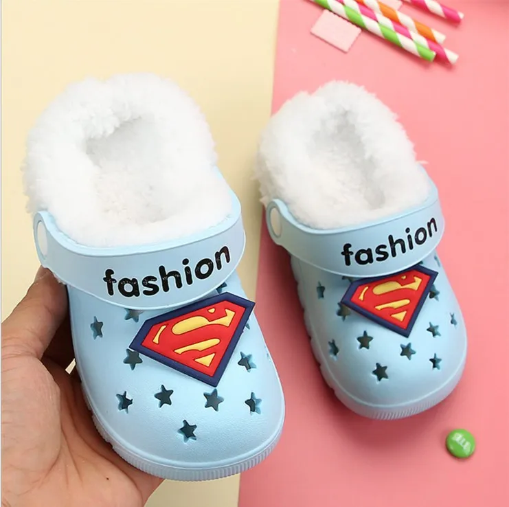 Kitty Snow White Girl Winter Clogs Warm Fur Children's Indoor Shoes Home Hole Mules Navy Cute Pins Sandal EVA Flat Boy Shoes - Цвет: supermen