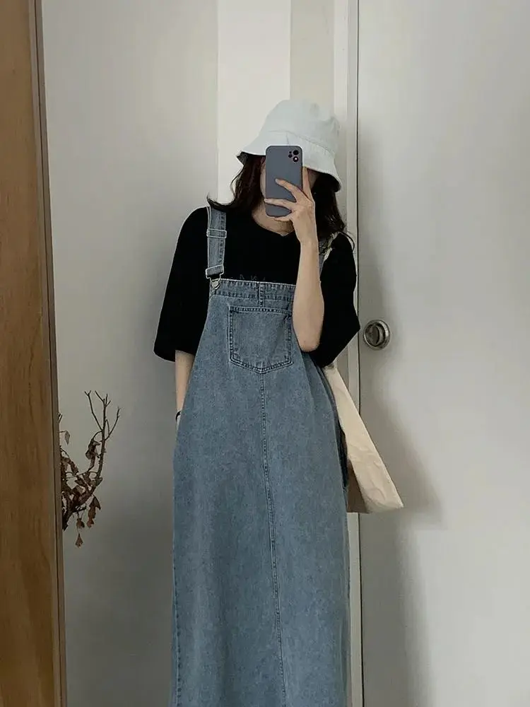 Dress Women Spring Vintage Denim Overall Loose Korean Style Preppy Ankle-length Fashion Straps All-match Casual Young Vestidos floral dress