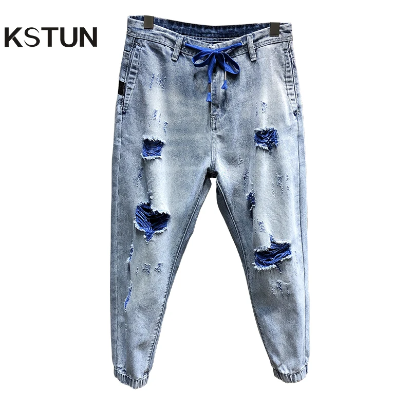 Рваные джинсы, мужские укороченные штаны, светильник, синий хлопок, хип-хоп, корейский стиль, джоггеры, джинсы с завязками на талии и мешковатыми ногами