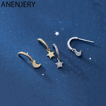 

ANENJERY Dainty Moon Star Asymmetric Drop Earrings Silver Color Shiny Cubic Zircon Ear Jewelry For Women Party S-E1104