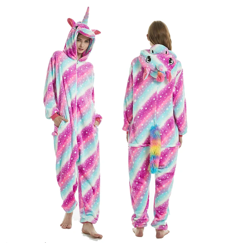 Зимняя теплая Пижама унисекс для женщин и мужчин с изображением животных, Стич тигра, единорога, комплекты одежды для сна с капюшоном - Цвет: Big Galaxy unicorn