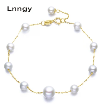 

Lnngy 18K Yellow Gold Bracelet Natural Freshwater Pearl Charm Bracelet Bangles Wedding Jewelry Women Gold Chain Link Bracelet