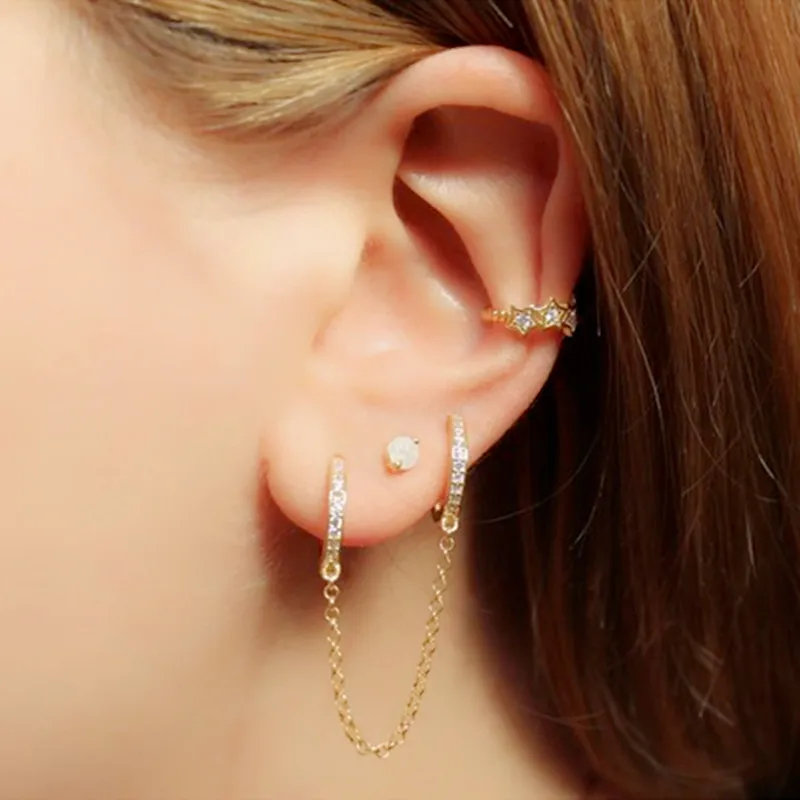 

1pc Double Tassel Piercing Drop Ear-Cuff Earrings Paved White/Blue/Green/Red cz Gold Filled Women Earrings Fashion Jewelry 2019
