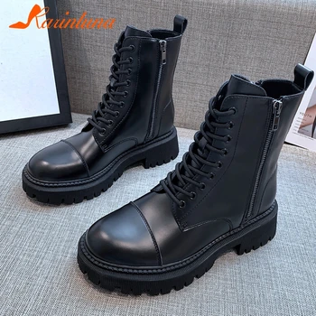

KARINLUNA New Female 2020 Casual Boots Round Toe Platform Chunky Heels Zip Cross Tied Women Boots Autumn Ankle Women Shoes