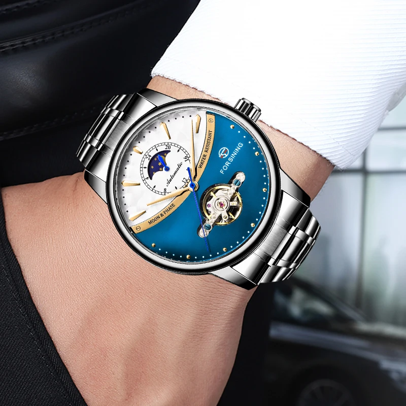 Мужские часы FORSINING бренд Tourbillon автоматические механические часы Sun Moon с автоматической обмоткой водонепроницаемые часы для Мужские часы Подарки
