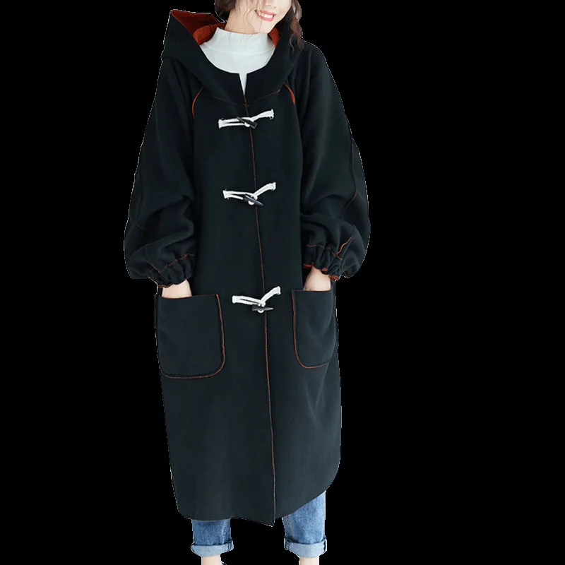 [EWQ] Autumn Winter New Pattern Office Lady Style Loose Oversized Code Solid Color Full Sleeve Horn Button Hooded CoatAF810