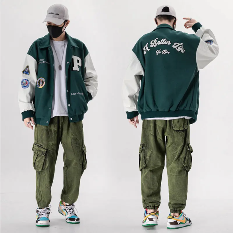 Men's Varsity Uniform Baseball Jacket PU Leather Sleeve Single Breasted Appliques Bomber Jacket Embroidery Patches Casual Coat