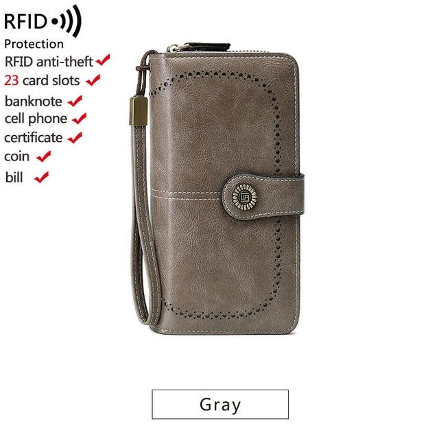 High Quality Women Wallet RFID Anti-theft Leather Wallets For Woman Long Zipper Large Ladies Clutch Bag Female Purse Card Holder w005-gray