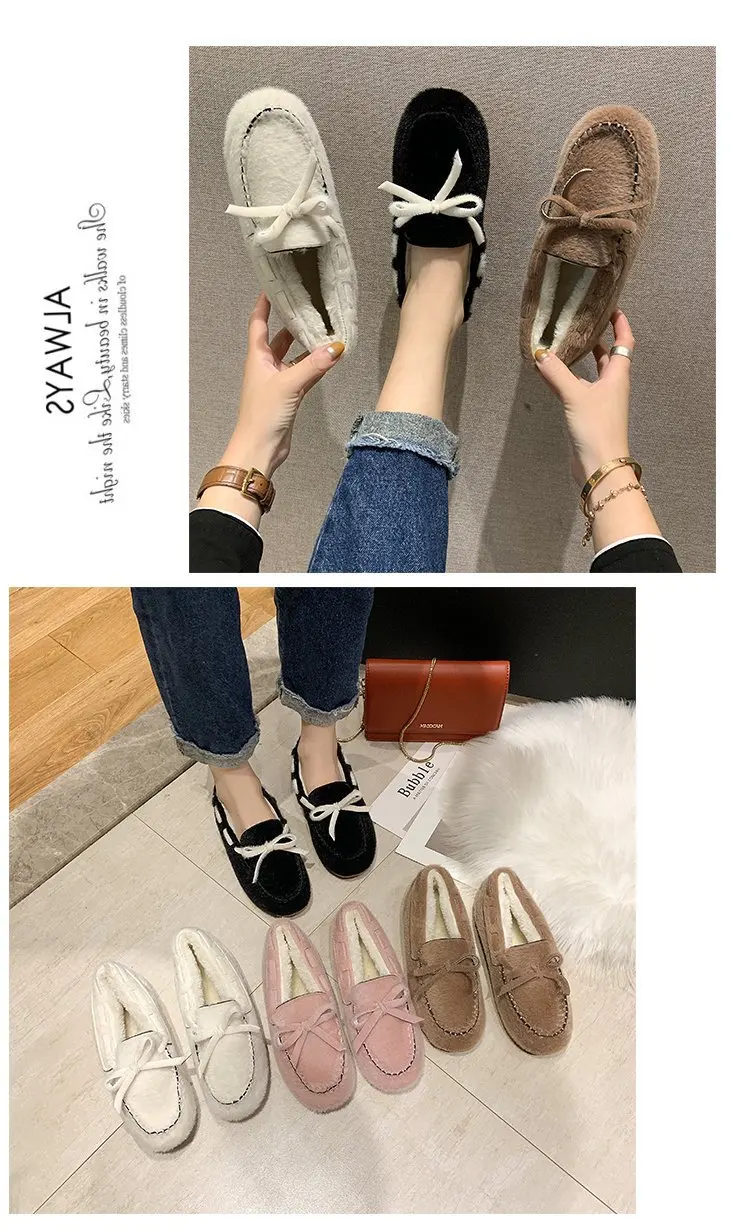 women Korean casual round toe shallow loafers winter warm lace-up bow-tied slip on moccasins brand sewing fur cotton shoes