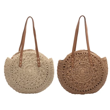 

2 Pcs Hand-Woven Round Woman'S Shoulder Bag Handbag Bohemian Summer Straw Beach Bag Travel Shopping Female Tote Wicker Bags ,Bei