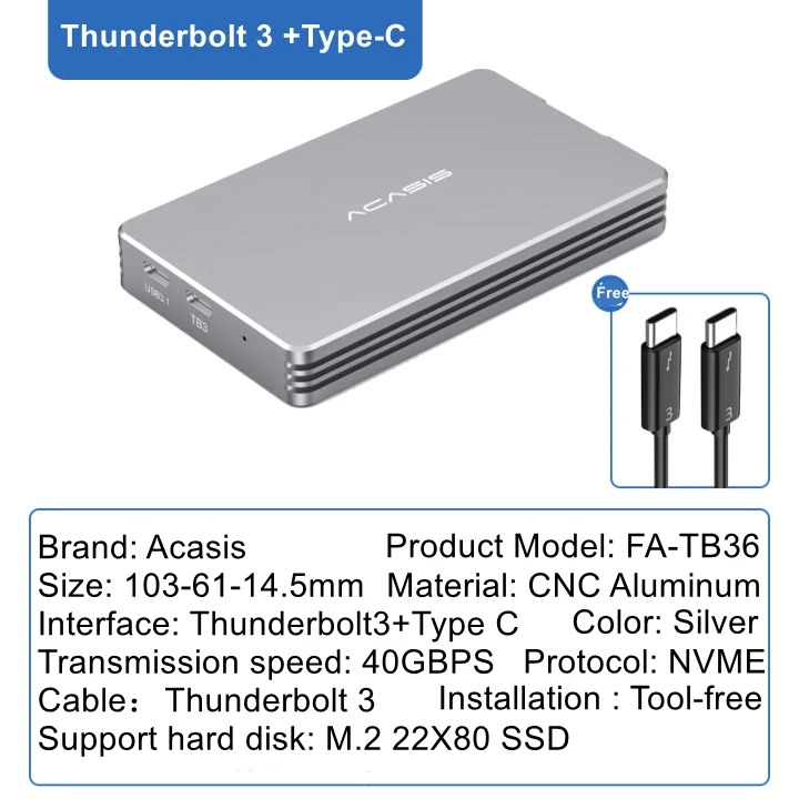 usb hdd enclosure Acasis Thunderbolt 3 40Gbps NVME M.2 SSD Enclosure 2TB Aluminum USB C with 40Gbps Thunder Bolt Thunderbolt 3 For Macbook hdd case usb 3.0 HDD Box Enclosures