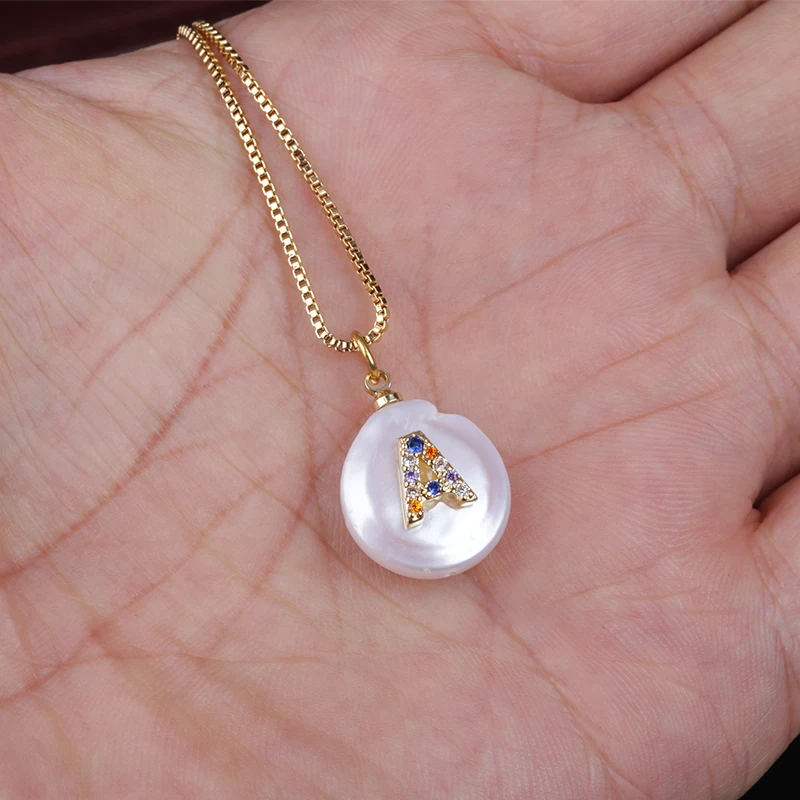 

Rainbow Colors CZ Cubic Zirconia A Initials Letter Natural Coin Freshwater Pearl Pendant Gold Necklaces For Women Jewelry Girls