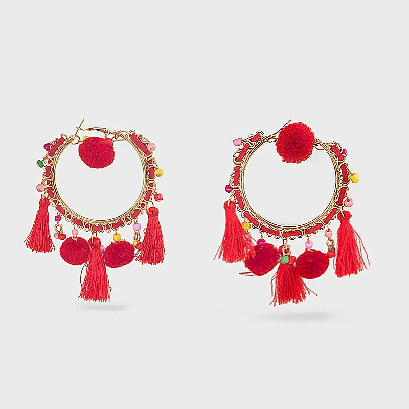Ztech Red Resin/Crystal Drop Earrings For Women Handmade Fringed Tassel Dangle Statement Wedding Earrings Party Christmas Gift