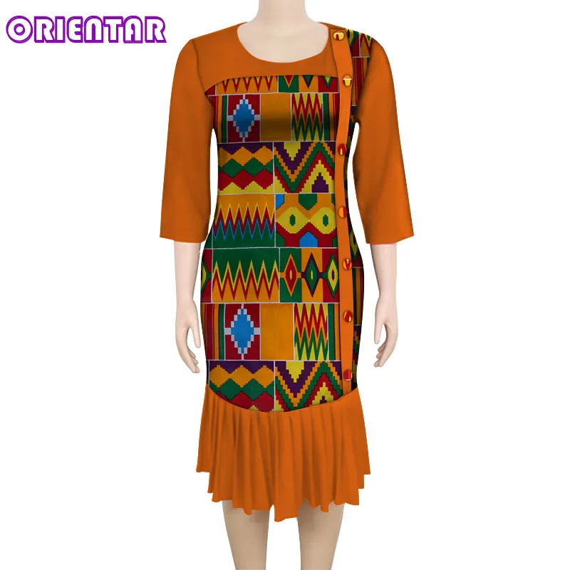 Африканское Платье женское Африканское Дашики миди платье размера плюс Африканский Воск Принт три четверти рукав леди Анкара Платье WY5834